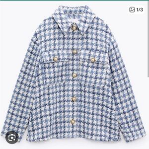 Zara Tweed Jacket Shacket in Blue and White with Gold Pearl Buttons Sz L